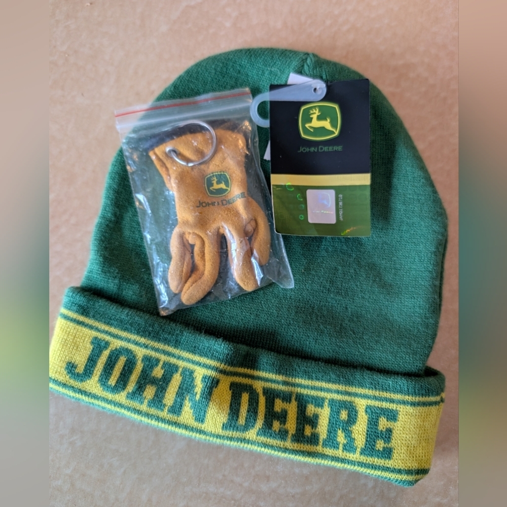 John Deere Green and Yellow Knit Beanie with Glove Keychain